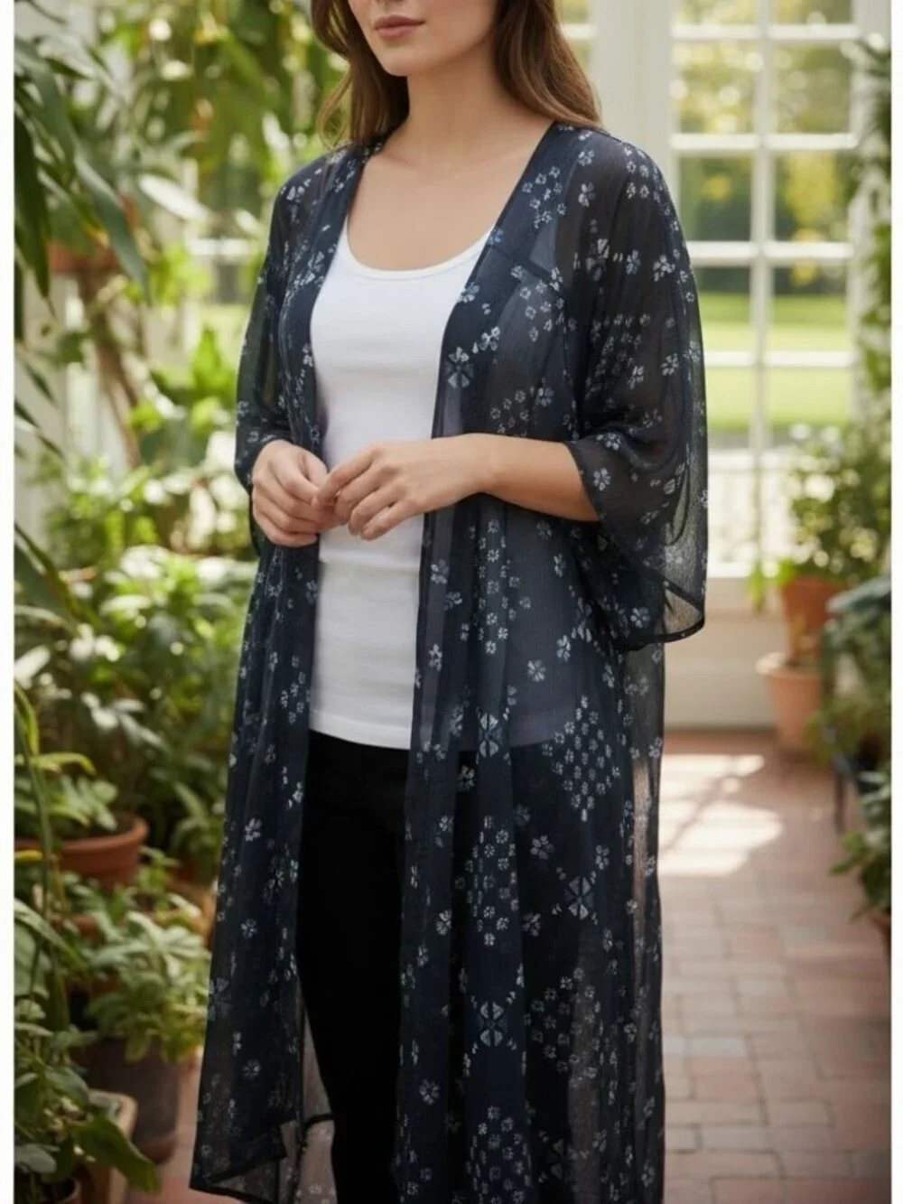 Hollister Navy Floral Sheer Kimono Duster Cardigan Boho Beach Coverup One Size